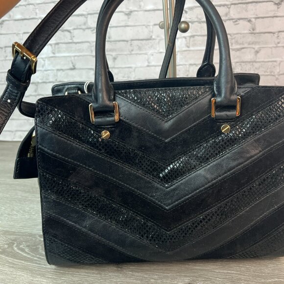 Michael Kors Selma Chevron Satchel Black Leather Tote Top Handle Handbag Bag - Picture 2 of 6